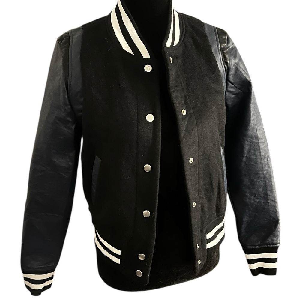 Vigoss Varsity Jacket Womens XS Black Blue Faux Leather and wool blend